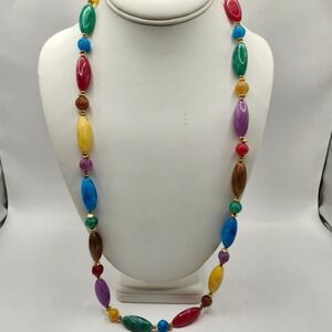 Vintage Multi Color Plastic Bead Necklace Gold Tone Accents Long Strand Jewelry